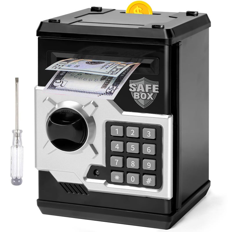 ATM Piggy Bank for Boys Girls Vcertcpl Mini ATM Coin Bank Money Saving Box with Password Kids Safe Money Jar for Adults with Auto Grab Bill Slot Great Gift Toy Bank for Kids Black Silver
