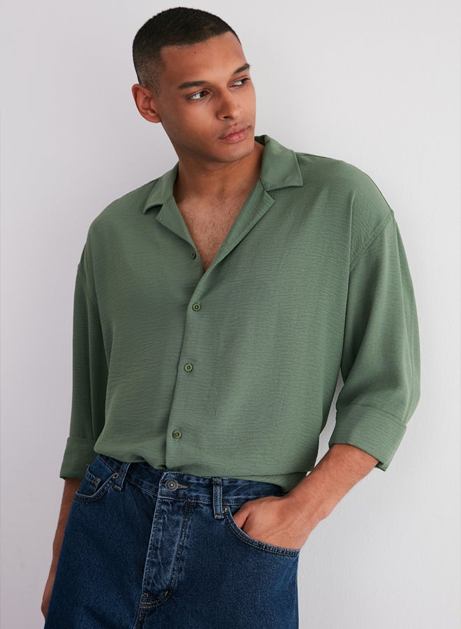 trendyol Khaki Oversize Fit Open Collar Summer Linen Look Shirt - Image 3