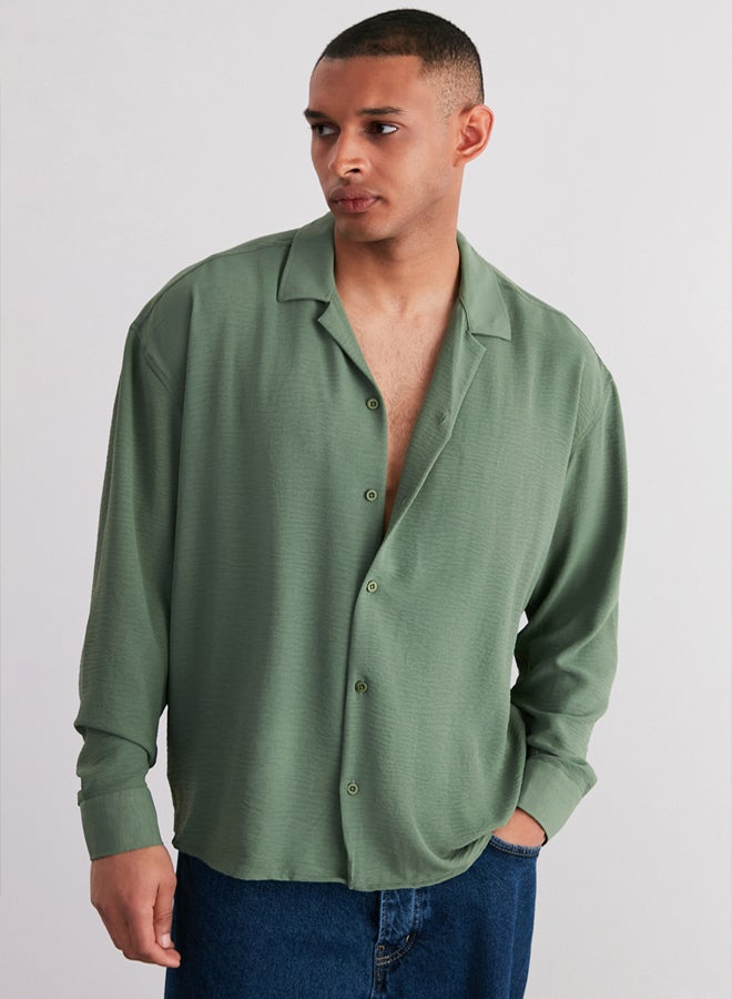 trendyol Khaki Oversize Fit Open Collar Summer Linen Look Shirt - Image 1