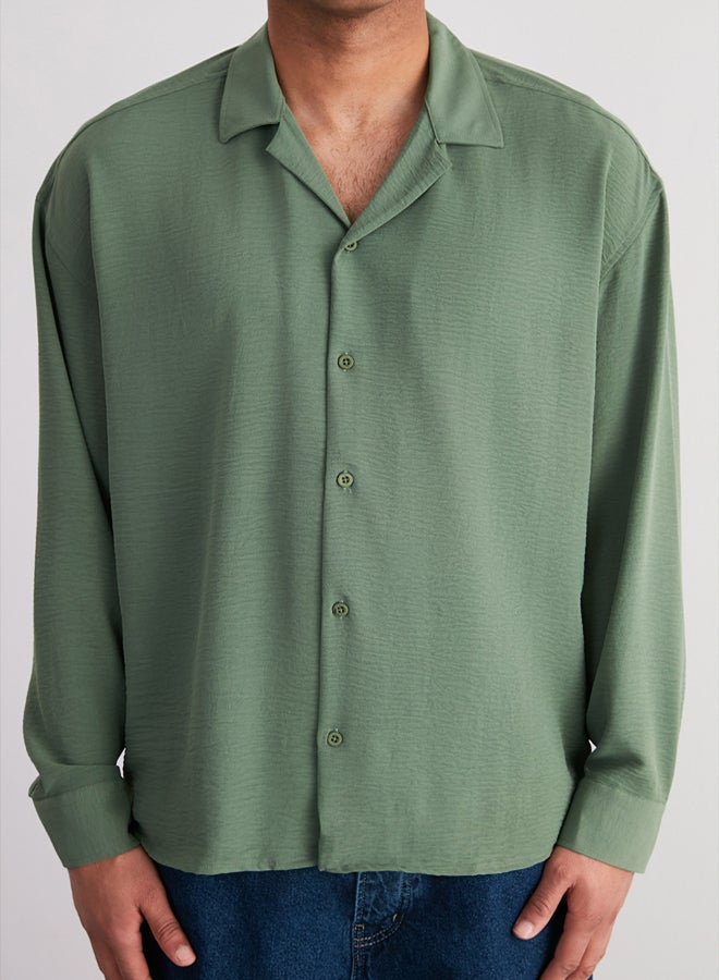 trendyol Khaki Oversize Fit Open Collar Summer Linen Look Shirt - Image 4