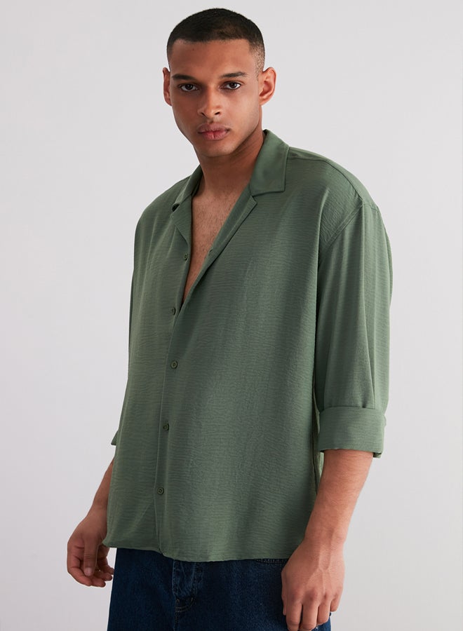 trendyol Khaki Oversize Fit Open Collar Summer Linen Look Shirt - Image 2