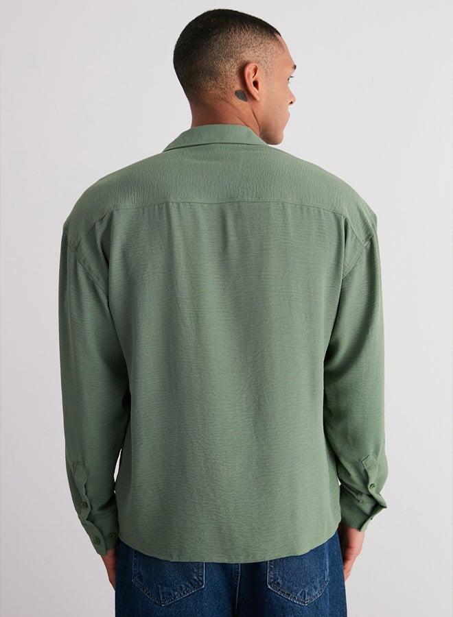 trendyol Khaki Oversize Fit Open Collar Summer Linen Look Shirt - Image 5