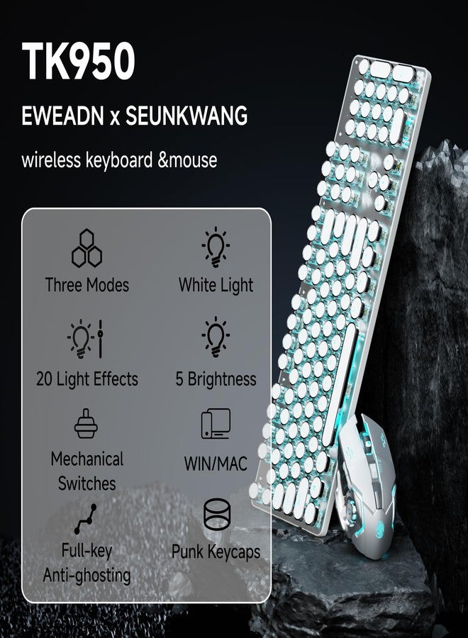 لوحة مفاتيح وماوس ميكانيكية EWEADN TK950، 104 مفتاح، تصميم أنيق، بإضاءة خلفية زرقاء، خاصية منع التداخل، مفاتيح زرقاء، بلوتوث/2.4 جيجاهرتز/سلكي، لوحات مفاتيح جذابة - أبيض - Image 2