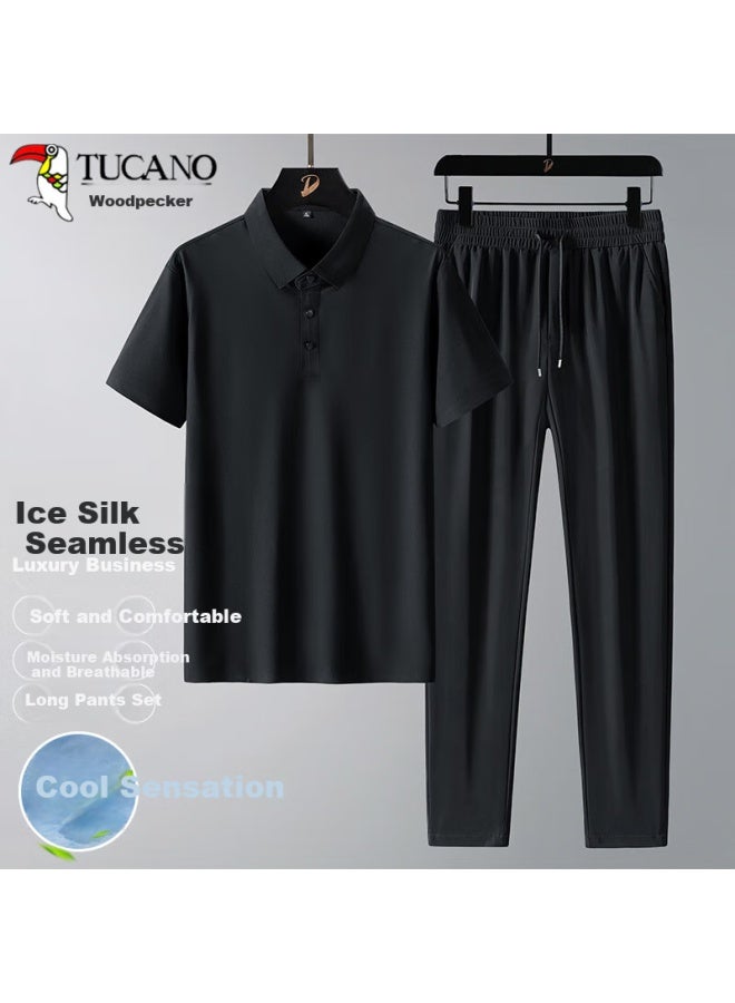 Tucano Men's Short Sleeve T-shirt Sports Suit Ice Silk Seamless Polo Shirt Casual Long Pants Two-piece Set Black XL - Image 1