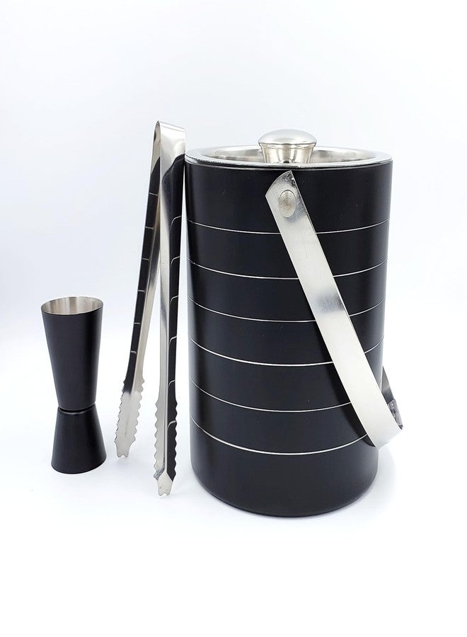 EVK® Stainless Steel Double Wall Ice Bucket with Tong and Peg Measure - Black Ring Design, Medium 1.5L | Perfect for Gifting