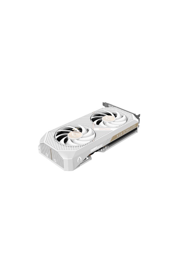 Angled view of the white ZOTAC RTX 5070 Twin Edge OC showing its dual-fan cooler