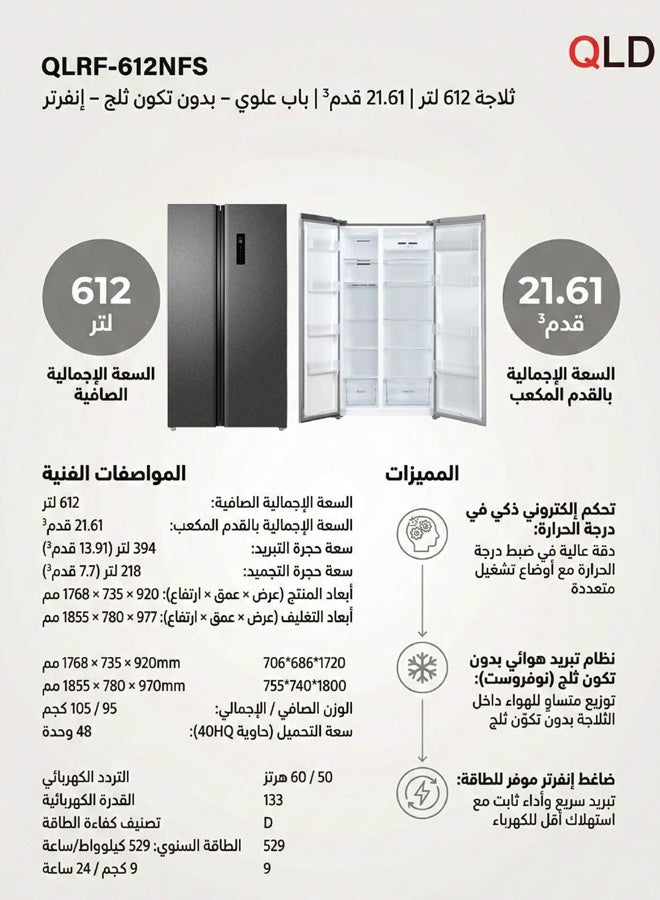 QLD ثلاجة بابين جنب الى جنب بدون تكون ثلج - 612 لتر - 21.61 قدم مكعب - إنفرتر - فضى غامق - QLRF-612NFS - Image 2