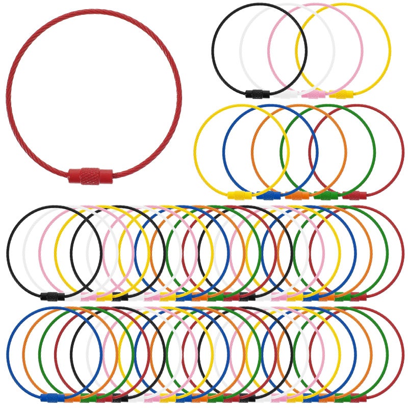 50 Pack Cable Large Key Rings 6 inch Wire Key Chain Stainless Steel Wire Keychain 1.5mm Assorted Color Luggage Tag Loops for Hanging Luggage Tags, Keyrings, Key Tags, and Tag Keepers
