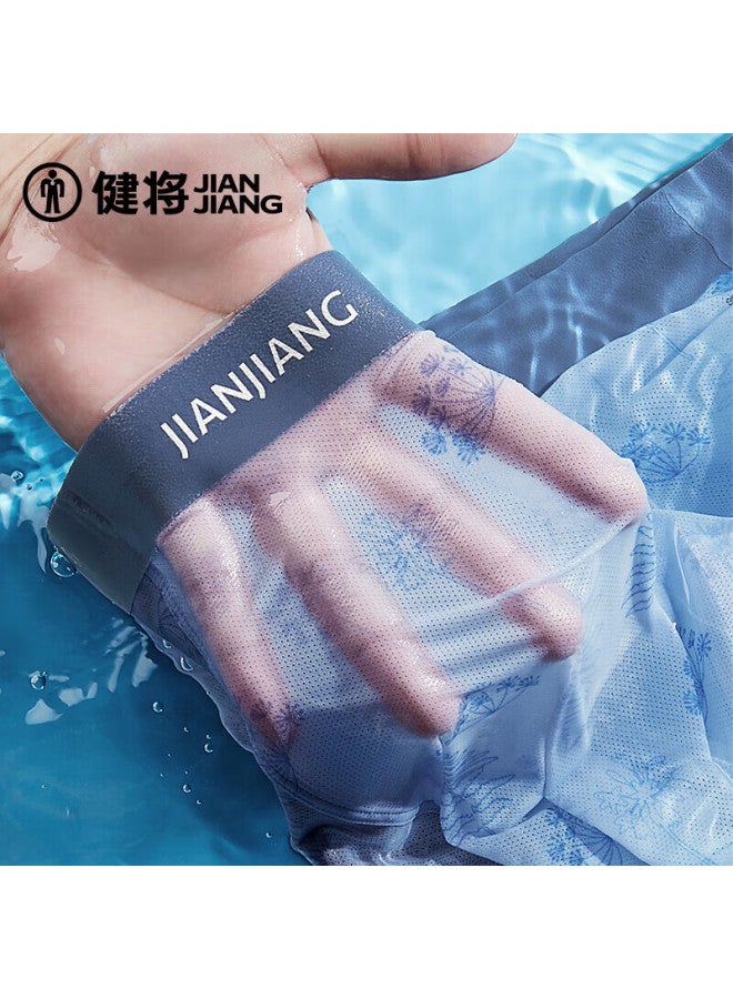 Jianjiang Men's Ice Silk Boxer Briefs Seamless Antibacterial Breathable Quick-dry Mesh Printed Shorts 3-pack