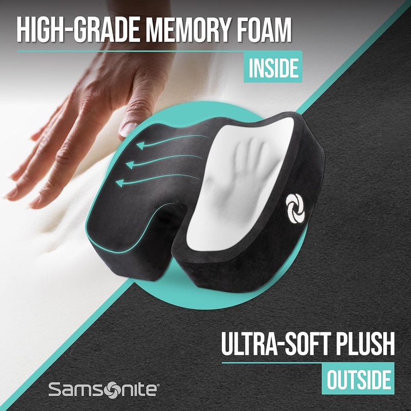سامسونايت وسادة مقعد تقويمية للكرسي المكتبي أو مقعد السيارة [عالية الجودة - إسفنج ميموري فوم] وسادة داعمة متعددة الاستخدامات مع غطاء مخملي ناعم [سمك 2.75 بوصة] أسود - Image 2