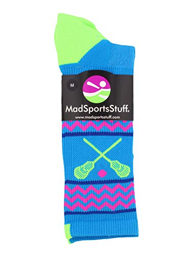 MadSportsStuff Chevron Girls Lacrosse Socks with Lacrosse Sticks Athletic Crew Socks (Electric Blue/Neon Green, Small) - Image 4