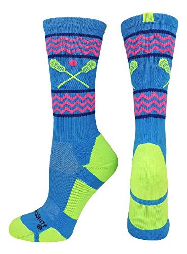 MadSportsStuff Chevron Girls Lacrosse Socks with Lacrosse Sticks Athletic Crew Socks (Electric Blue/Neon Green, Small) - Image 5