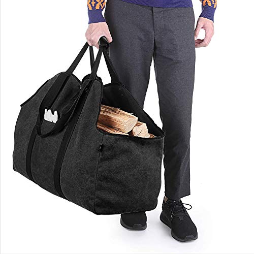 BONTHEE Extra Large Waterproof Firewood Log Carrier Canvas Firewood Holder Indoor with Shoulder Strap and Top Handles Contained Weight-Relief Pad for Easy Carry - Black - Image 5