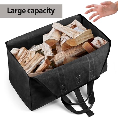 BONTHEE Extra Large Waterproof Firewood Log Carrier Canvas Firewood Holder Indoor with Shoulder Strap and Top Handles Contained Weight-Relief Pad for Easy Carry - Black - Image 3