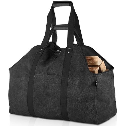 BONTHEE Extra Large Waterproof Firewood Log Carrier Canvas Firewood Holder Indoor with Shoulder Strap and Top Handles Contained Weight-Relief Pad for Easy Carry - Black - Image 1