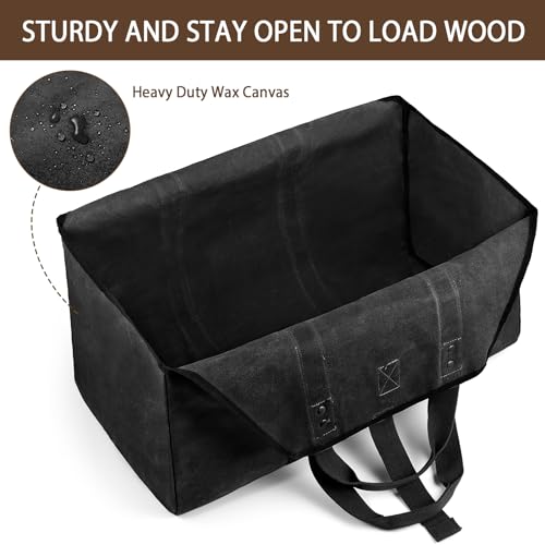 BONTHEE Extra Large Waterproof Firewood Log Carrier Canvas Firewood Holder Indoor with Shoulder Strap and Top Handles Contained Weight-Relief Pad for Easy Carry - Black - Image 2