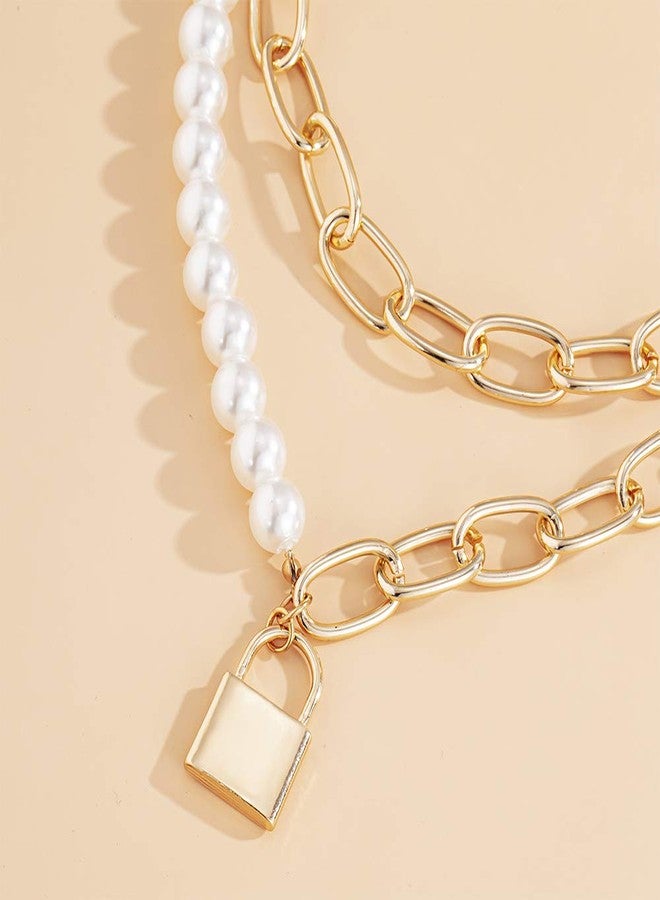 ايميميير قلادة Aimimier Chunky Paperclip Chain Link مع قلادة قفل وقلادة لؤلؤية، قطعتان، قلادة مميزة لحفلات التخرج والمهرجانات للنساء (ذهبي) - Image 4