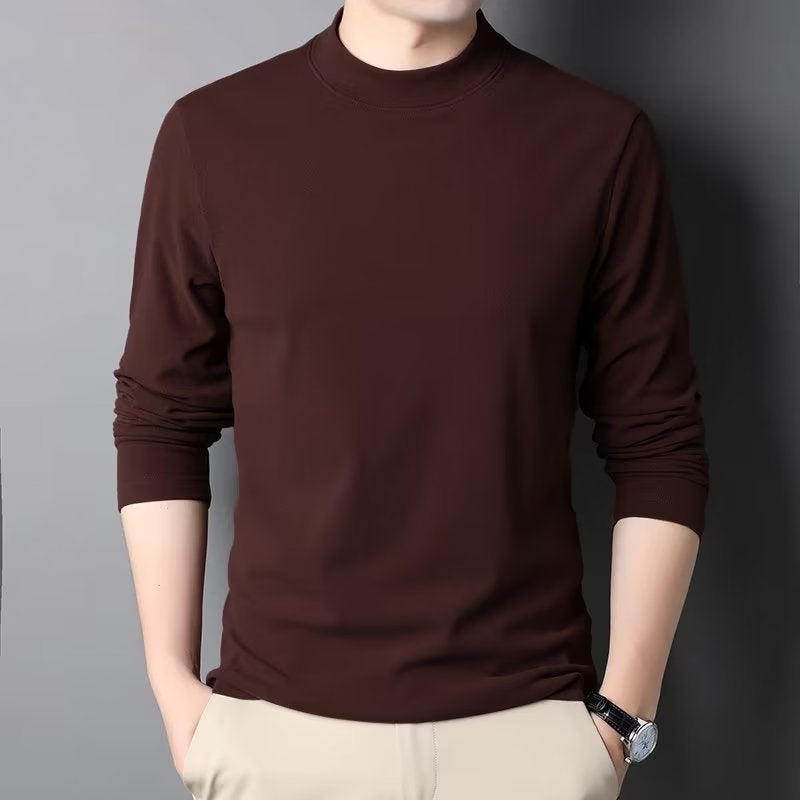 Half-high collar sanding base shirt mens mid-collar long-sleeved T-shirt sweater autumn and winter double-sided velvet velvet thermal underwear Dark brown