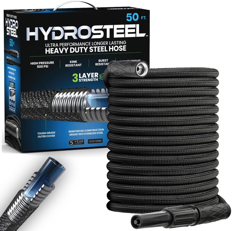 Emson Hydrosteel 50 Ft Garden Hose, 304 Stainless Steel Metal Water Hose 50Ft, Ultra Durable Flexible Lightweight Crush Resistant Fittings Kink & Tangle Free 5/8” Inner Diameter, 500 PSI AS SEEN ON TV - Image 1