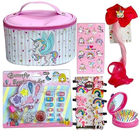 Tera13 TERA 13 Unicorn Make Up Accessories for Women, Girls Cosmetic, Unicorn Cosmetic Bag Case for Girls 6 in 1 Cobmbo Uniorn Hair Clip, Nail Art, Unicorn Hair Brush & Mirror Unicorn Make Up Kit - Image 1