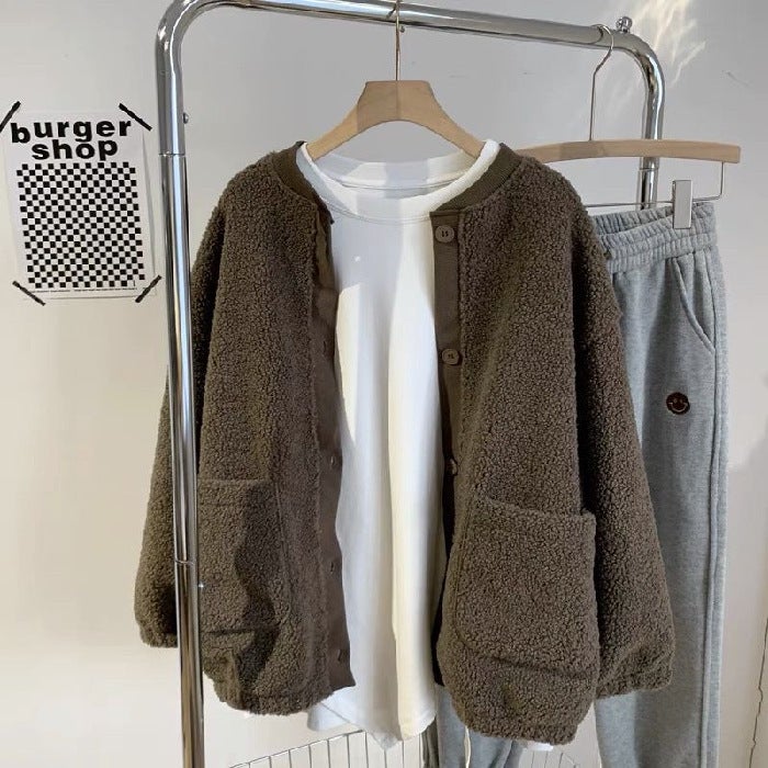 Lamb Wool Cardigan Solid Womens Baseball Jacket Khaki - Image 1