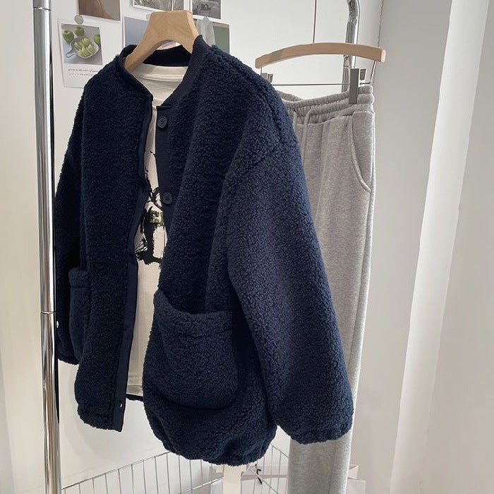 Lamb Wool Cardigan Solid Womens Baseball Jacket Khaki - Image 2