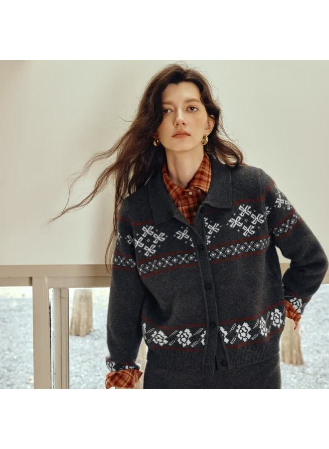 Olrain Eurielle Women's Autumn Fair Isle Jacquard Vintage Thick Knit Cardigan Top Gray (top) L - Image 2