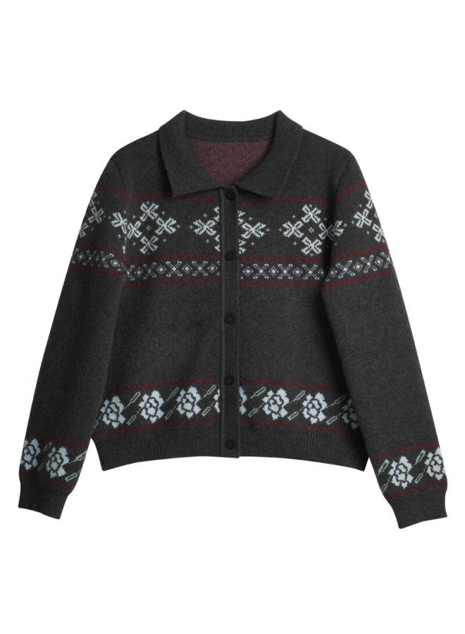 Olrain Eurielle Women's Autumn Fair Isle Jacquard Vintage Thick Knit Cardigan Top Gray (top) L - Image 3