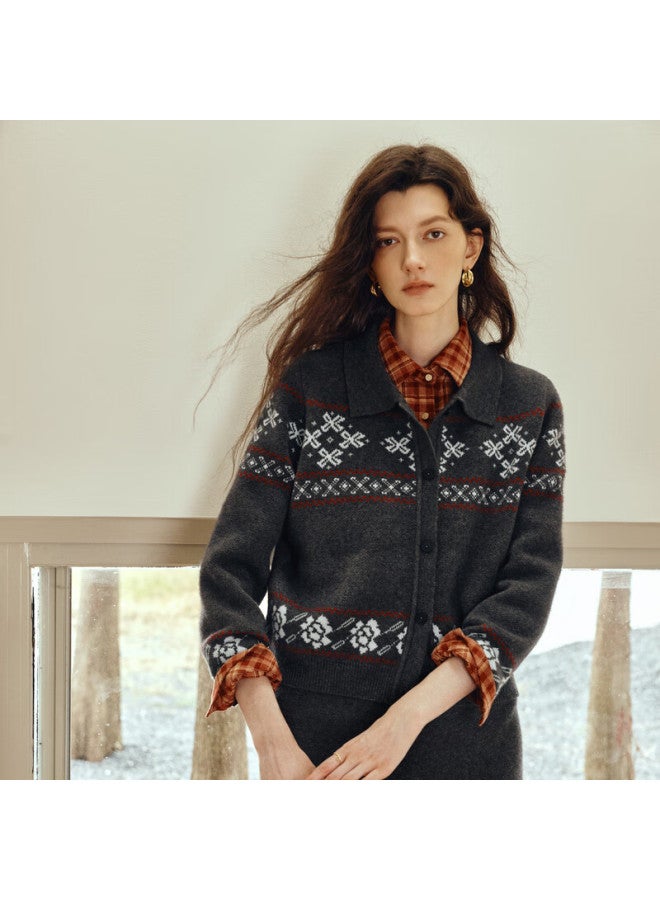Olrain Eurielle Women's Autumn Fair Isle Jacquard Vintage Thick Knit Cardigan Top Gray (top) L - Image 1