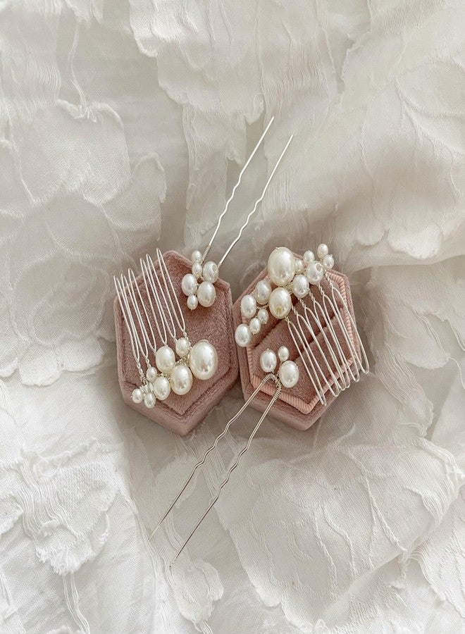 DORMITORRY Pearl Hair Accessories for Women | 4 Pcs Bridal Hair Pins & Comb Clip Set | Handmade Elegant Pearl Bobby Pins | Perfect for Weddings, Proms, Parties, Buns, and Formal Hairstyles - Silver. - Image 2