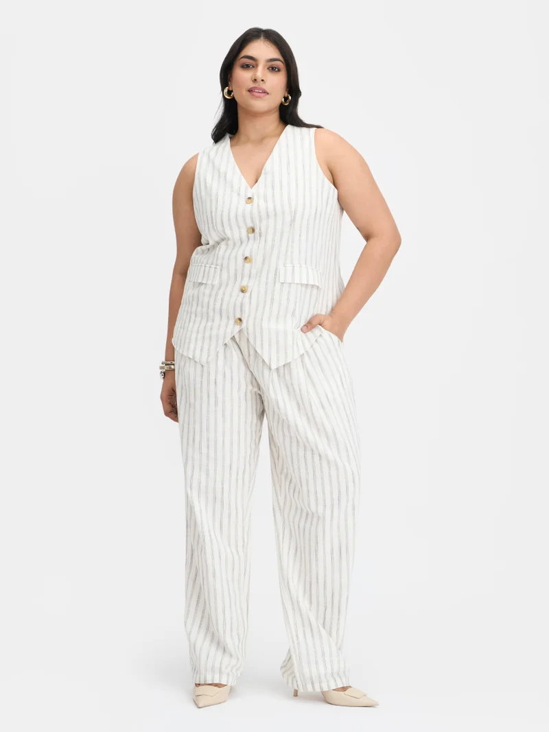 فيرجيو Stripes Cotton Straight-Leg Work Plus Size Trousers for Women