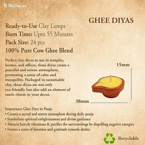 R WellnessGhee Diya for Puja | Pure Cow Ghee Diya, Wax Free Terracotta Clay Diya Batti, Up to 55 Minutes Burn Time, Pack of 24 - Image 4