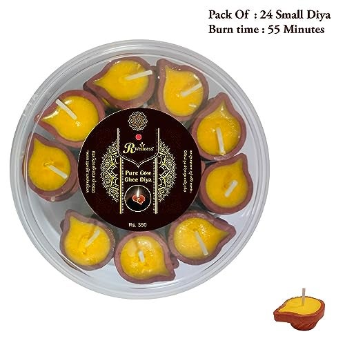 R WellnessGhee Diya for Puja | Pure Cow Ghee Diya, Wax Free Terracotta Clay Diya Batti, Up to 55 Minutes Burn Time, Pack of 24 - Image 2