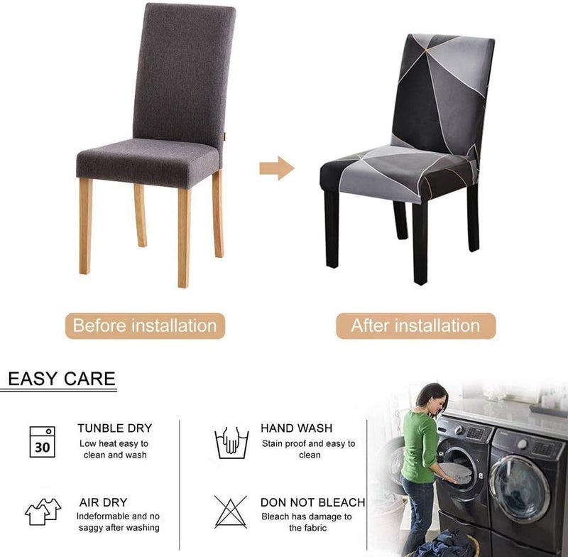 Styleys Polyester Geometric Washable Elastic Dining Chair Cover Slipcovers (Set of 4, Black Square Prism, SLMC175) - Image 3
