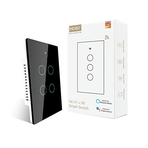 MOES 2.4GHz WiFi Wall Touch Smart Switch Neutral Wire Required, 3 Way Multi-Control, Glass Panel Light Switch Work with Smart Life/Tuya App, RF433 Remote Control, Alexa and Google Home Black 2 Gang - Image 1