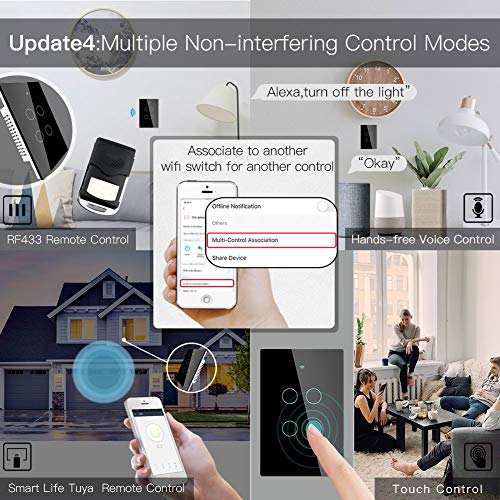 MOES 2.4GHz WiFi Wall Touch Smart Switch Neutral Wire Required, 3 Way Multi-Control, Glass Panel Light Switch Work with Smart Life/Tuya App, RF433 Remote Control, Alexa and Google Home Black 2 Gang - Image 5