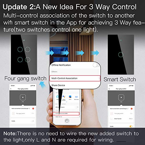 MOES 2.4GHz WiFi Wall Touch Smart Switch Neutral Wire Required, 3 Way Multi-Control, Glass Panel Light Switch Work with Smart Life/Tuya App, RF433 Remote Control, Alexa and Google Home Black 2 Gang - Image 3