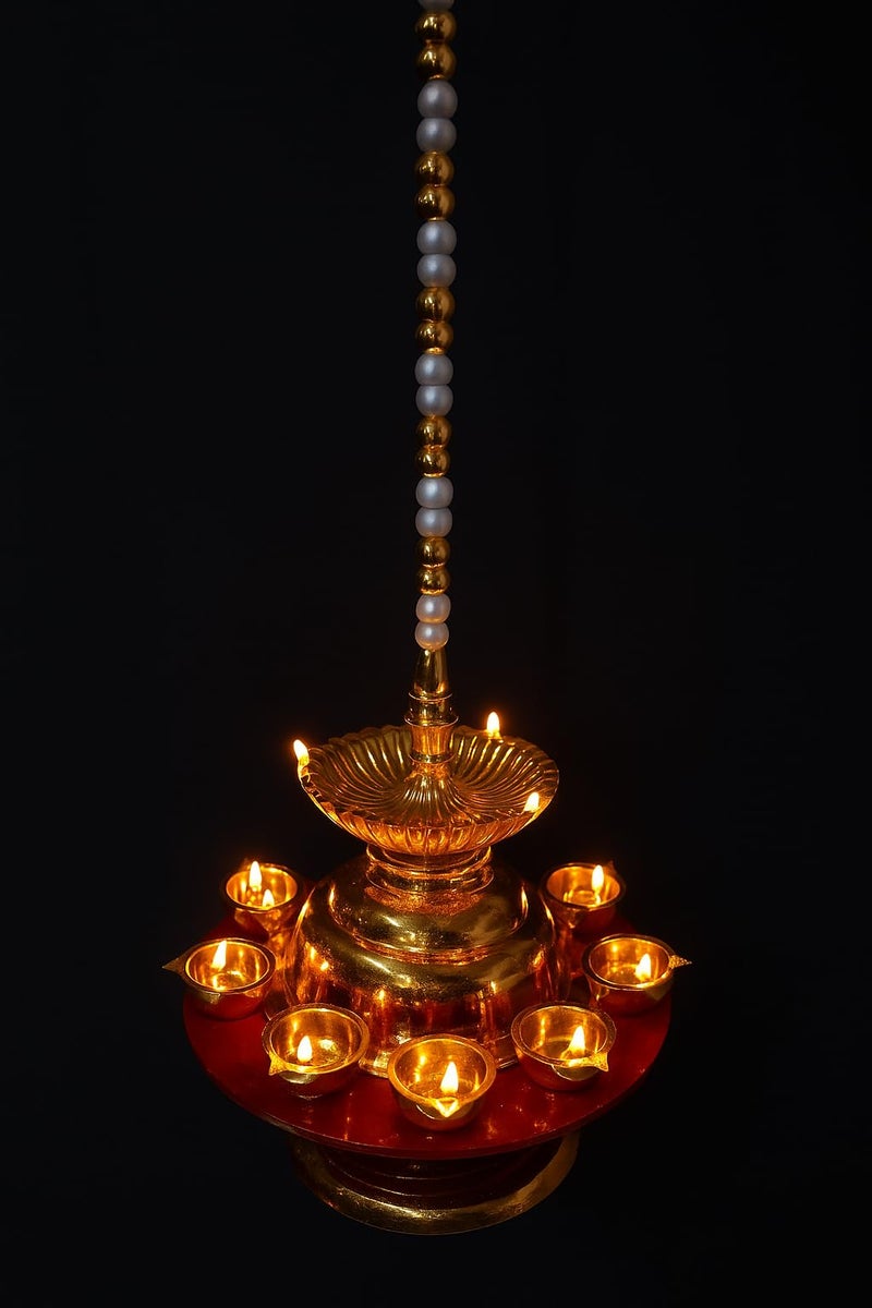 Nabhya 12 Deep Hanging Double Step 3-Layer Electric Deepam Light with LED Rice Light Diya– Traditional Brass Finish Decorative Lamp for Pooja, Festivals & Home Décor - Image 1
