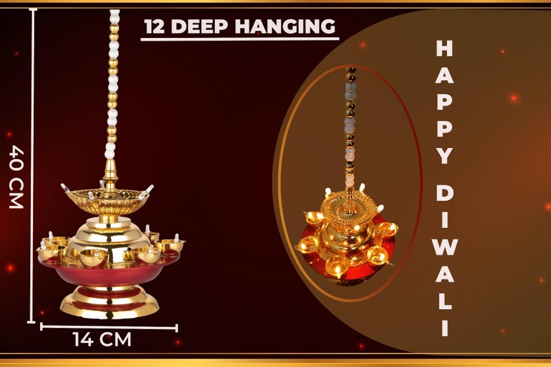 Nabhya 12 Deep Hanging Double Step 3-Layer Electric Deepam Light with LED Rice Light Diya– Traditional Brass Finish Decorative Lamp for Pooja, Festivals & Home Décor - Image 4
