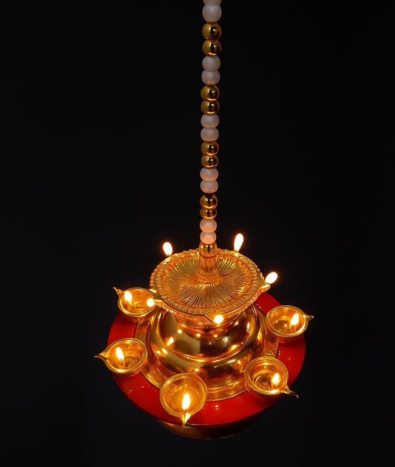 Nabhya 12 Deep Hanging Double Step 3-Layer Electric Deepam Light with LED Rice Light Diya– Traditional Brass Finish Decorative Lamp for Pooja, Festivals & Home Décor - Image 2