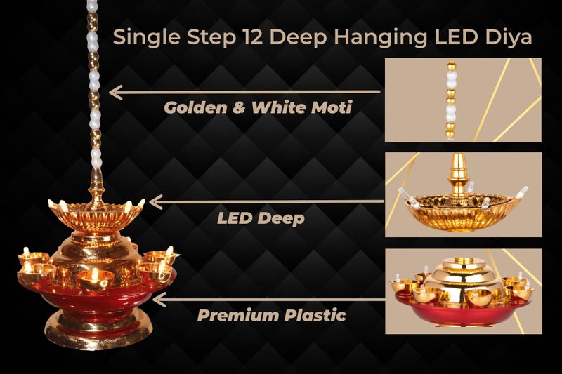 Nabhya 12 Deep Hanging Double Step 3-Layer Electric Deepam Light with LED Rice Light Diya– Traditional Brass Finish Decorative Lamp for Pooja, Festivals & Home Décor - Image 5