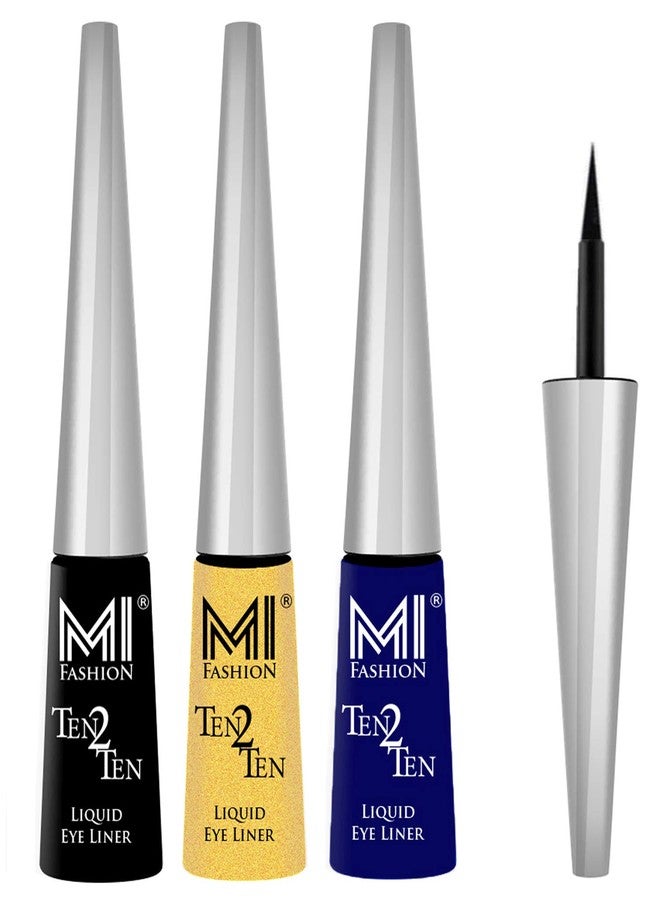 MI Fashion Colorful Liquid Eyeliners Combo of 3 Pcs Water Resistant Cruelty Free High Shine Long Stay - Black, Golden Shimmer, Navy Blue - Image 2