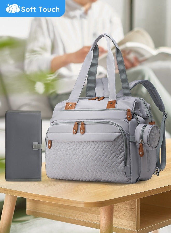 Soft Touch Large Baby Diaper Bag, Waterproof Diaper Bag Tote with Pacifier Case, Diaper Bag Backpack,Mommy Bags, Nappy Bag, Travel Diaper Tote with Changing Pad (Grey)