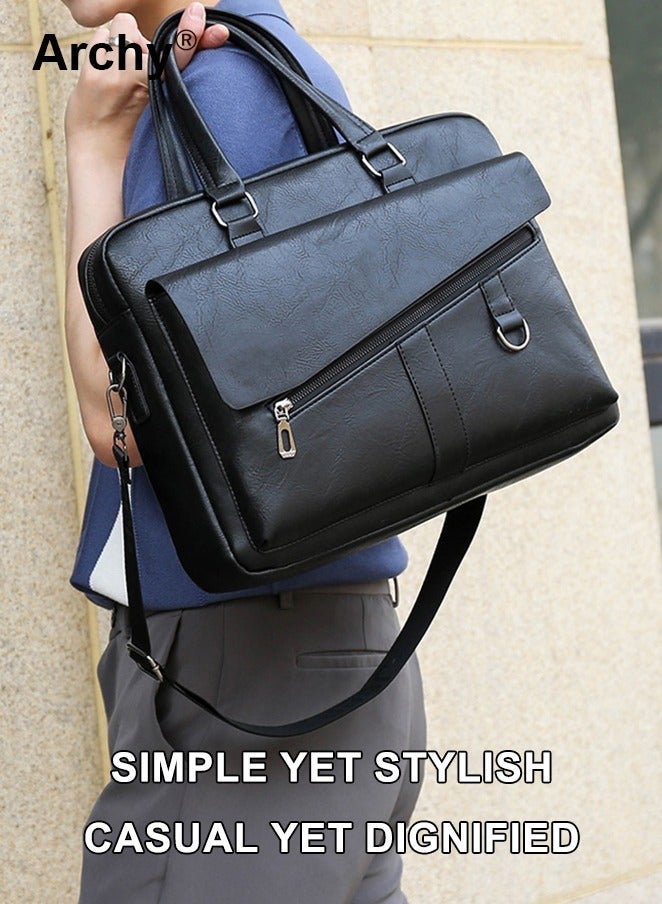Archy Men Briefcase Leather Office Bags 14" Laptop Bag Doctor Lawyer Computer Bag Totes Male Vintage Business Man Bag Portable Handbag Messenger Bag Trendy Briefcase for Work - Image 3
