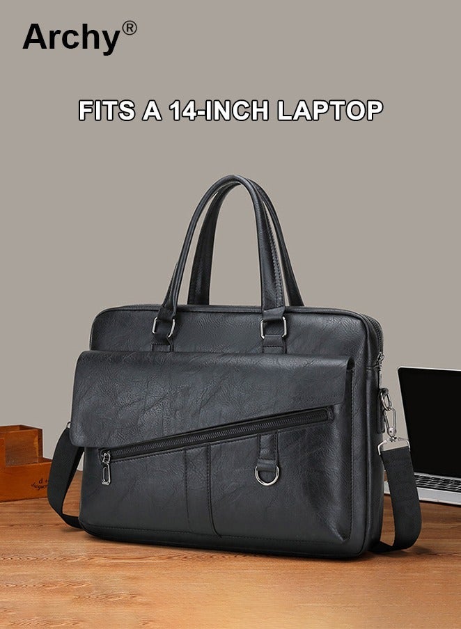 Archy Men Briefcase Leather Office Bags 14" Laptop Bag Doctor Lawyer Computer Bag Totes Male Vintage Business Man Bag Portable Handbag Messenger Bag Trendy Briefcase for Work - Image 1