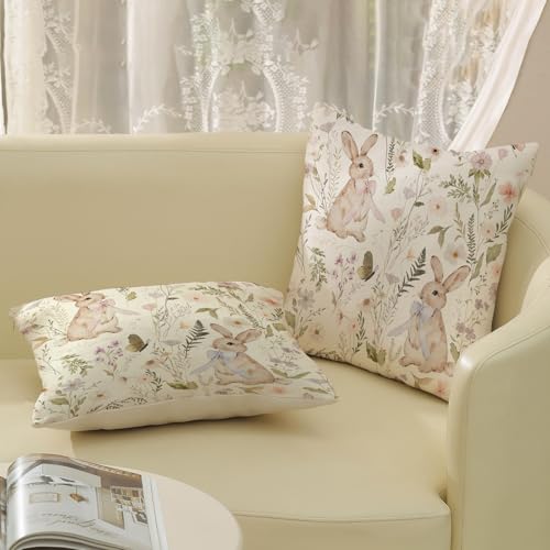 GOLIANDA Spring Easter Pillow Covers 18x18 Inch Set of 2 Botanical Watercolor Floral Bunny Throw Pillows Flower Rabbit Decorative Pillow Cases Outdoor Decor Linen Farmhouse Cushion Case for Couch Home - Image 5