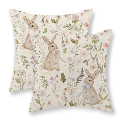 GOLIANDA Spring Easter Pillow Covers 18x18 Inch Set of 2 Botanical Watercolor Floral Bunny Throw Pillows Flower Rabbit Decorative Pillow Cases Outdoor Decor Linen Farmhouse Cushion Case for Couch Home - Image 1