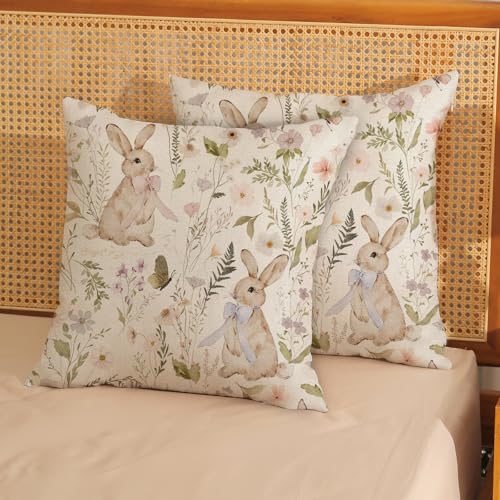 GOLIANDA Spring Easter Pillow Covers 18x18 Inch Set of 2 Botanical Watercolor Floral Bunny Throw Pillows Flower Rabbit Decorative Pillow Cases Outdoor Decor Linen Farmhouse Cushion Case for Couch Home - Image 3