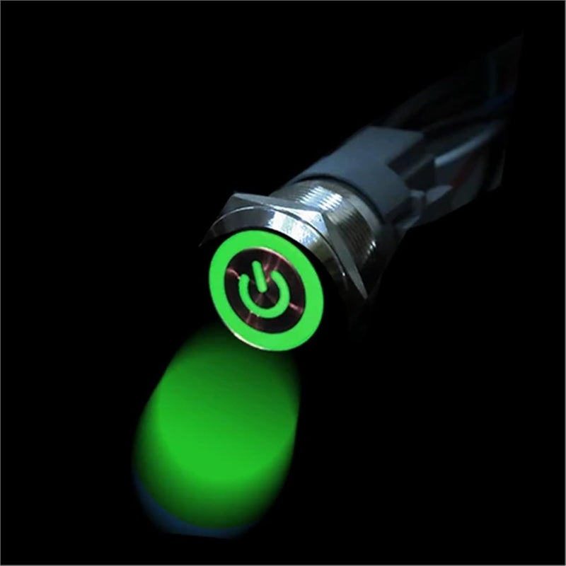 مفتاح ضغط دائري معدني 16 ملم أخضر بقوة ذاتية قفل ذاتي 220 فولت مقاوم للماء مع ضوء LED دائري - Image 3