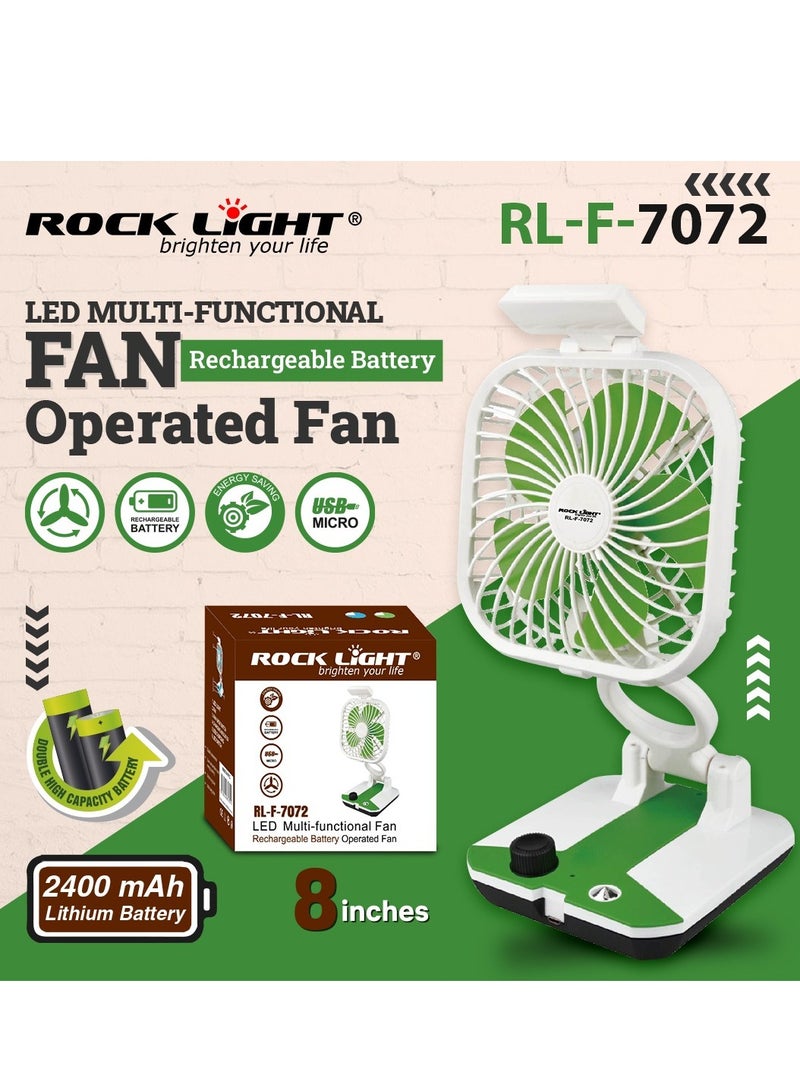 8" LED Multi-Functional Fan RL-F-7072, Rechargeable Battery-Operated Portable Fan, 2400 MAH Lithium Battery, USB Micro Charging
